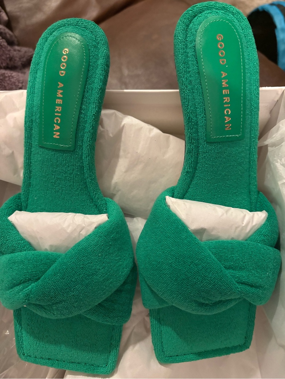 Good American Green Twist Slide Sandals